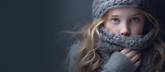 A young girl, looking sad and sick, wearing a cozy knitted hat and scarf to soothe her head and throat pains. with copy space image. Place for adding text or design