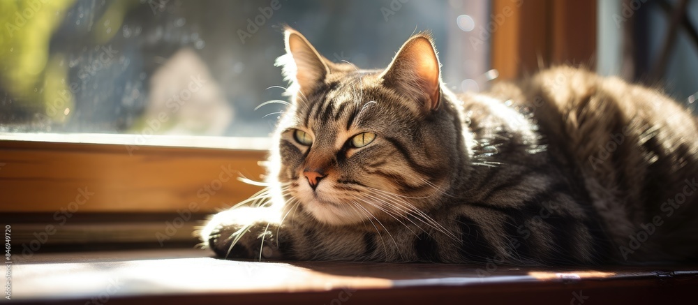 Poster Tabby feline relaxing near window, basking in bright sunlight with high contrast. with copy space image. Place for adding text or design