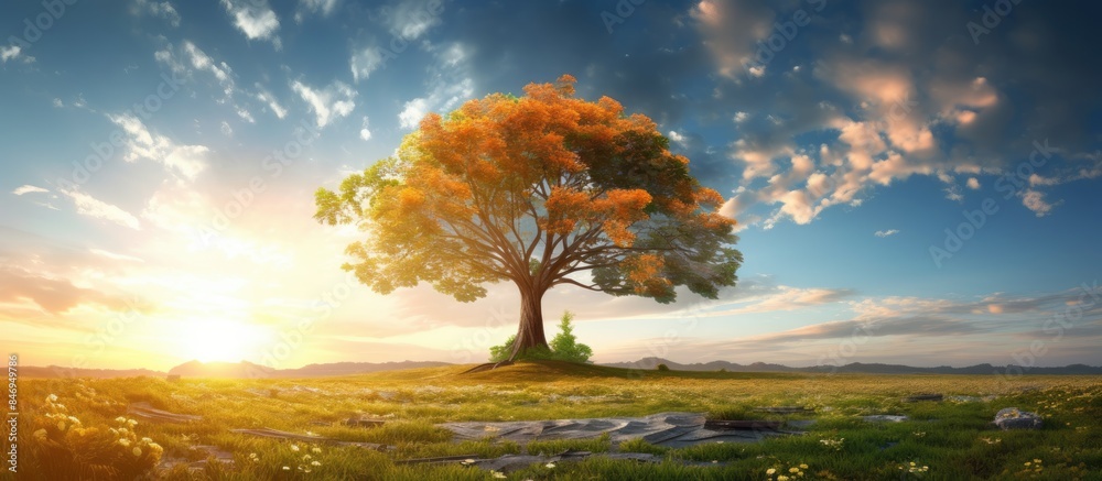 Poster Solitary simula tree in open field glowing under setting sun, surrounded by natural beauty and shining flowers. with copy space image. Place for adding text or design