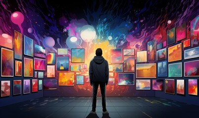 art galleries illustration, flat design, front view, contemporary art theme, animation, complementary color scheme