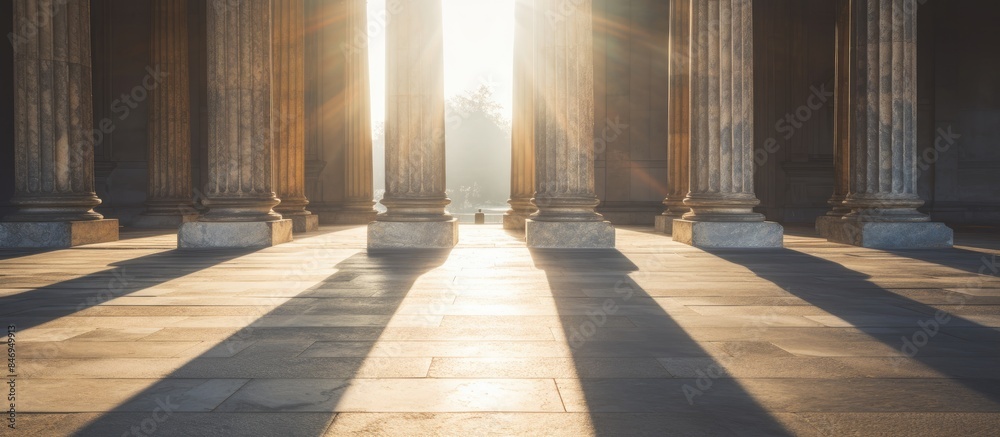 Aufkleber Ancient mausoleum columns bathed in sunlight, creating striking shadows on the ground. with copy space image. Place for adding text or design