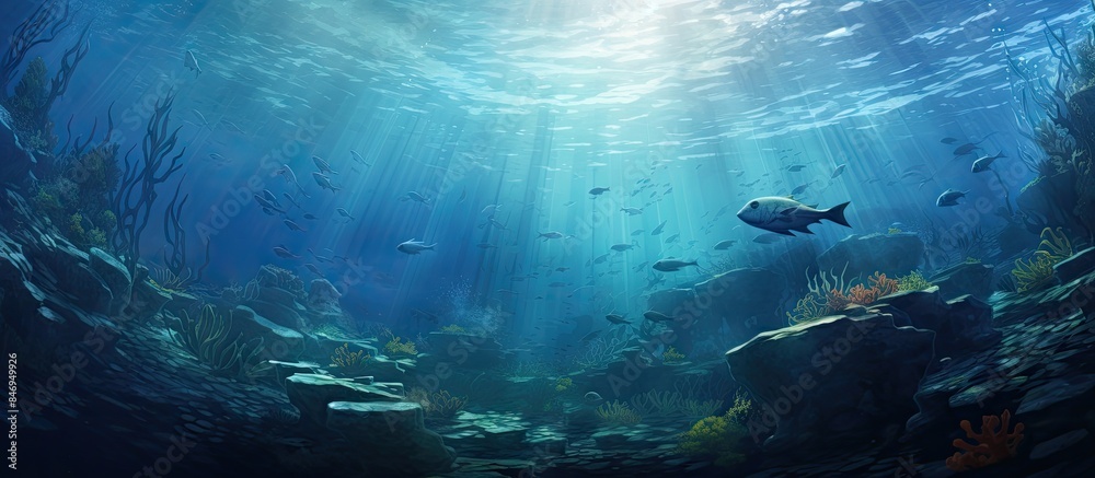 Poster Group of Trevallys swimming beneath the ocean's surface in unison. with copy space image. Place for adding text or design