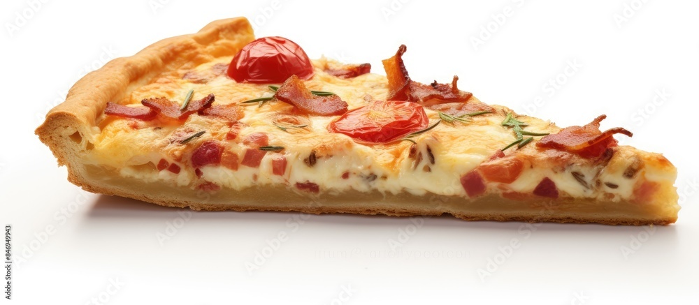 Poster slice of pizza topped with melted cheese and fresh tomatoes, isolated on white background with crisp