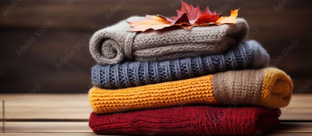 Aufkleber Heap of sweaters with a single leaf atop, rolls of warm woolen blankets displayed on a rustic wooden surface. with copy space image. Place for adding text or design
