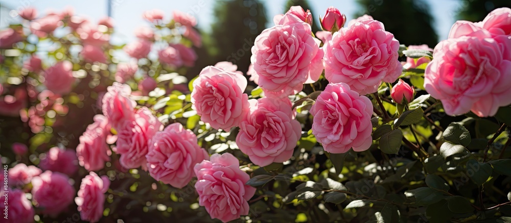 Poster pink roses are in full bloom, surrounded by vibrant green leaves, creating a beautiful scene in the 