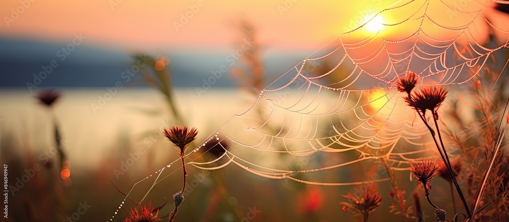 Poster spider web intricately woven on plants, illuminated by the warm hues of the sunset in a serene field