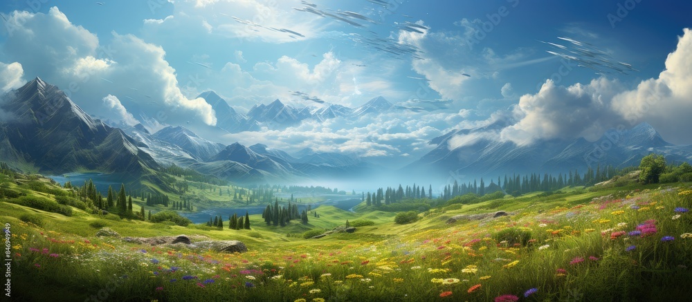 Aufkleber A serene painting depicting a majestic mountain scene, complete with a tranquil lake and a graceful flock of birds soaring high above. with copy space image. Place for adding text or design