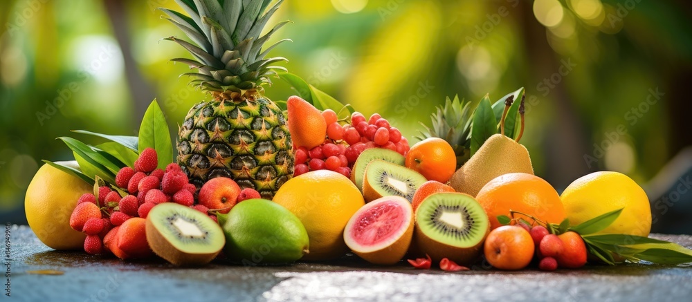 Fototapete Assorted array of fruits presented together, showcasing a colorful and appetizing selection. with copy space image. Place for adding text or design