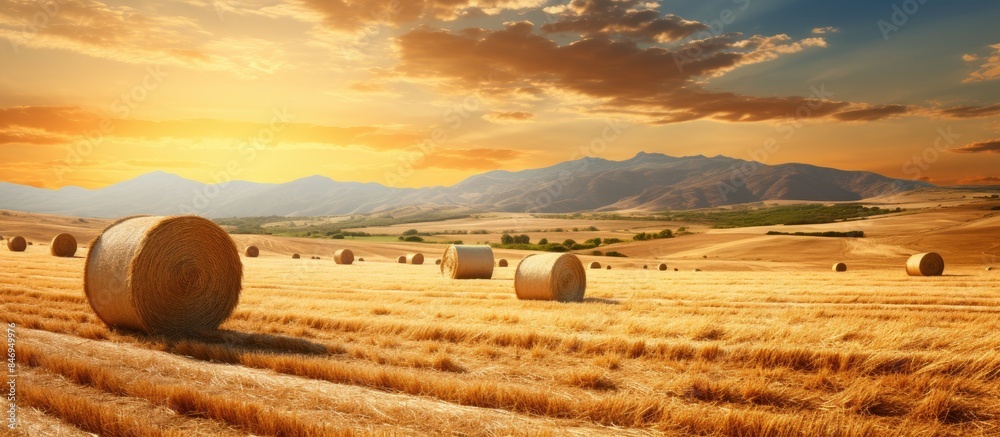 Aufkleber sunset casting golden light on a sicilian valley, highlighting wheat field with hay bales. with copy