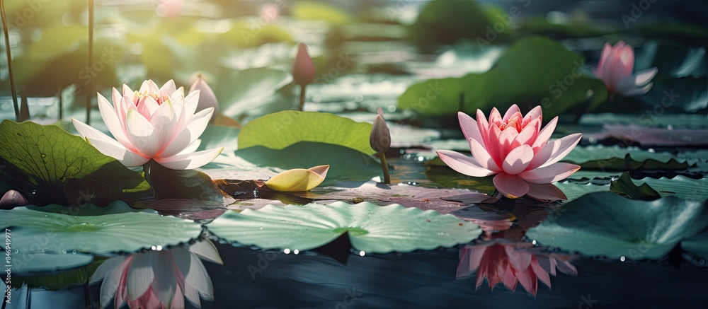 Poster pink water lilies bloom gracefully in a serene pond, complemented by lush green leaves in a vintage 