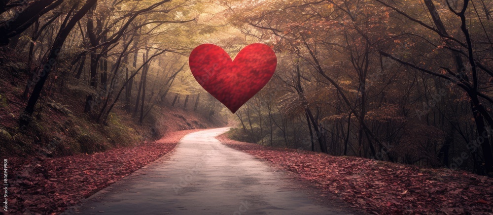 Poster heart-shaped balloon floats gracefully above a peaceful forest road. with copy space image. place fo