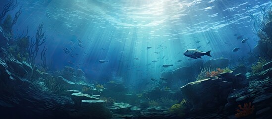 Obraz premium Group of Trevallys swimming beneath the ocean's surface in unison. with copy space image. Place for adding text or design