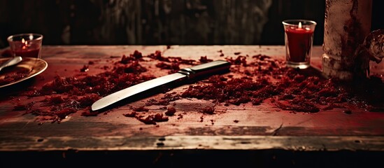 Knife, candle, and plate on table at macabre murder mystery dinner party with a menacing, bloody weapon. with copy space image. Place for adding text or design