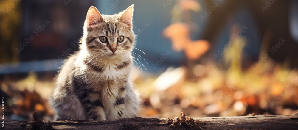 Poster Domestic Felis catus cat perched on log amongst autumn leaves. with copy space image. Place for adding text or design