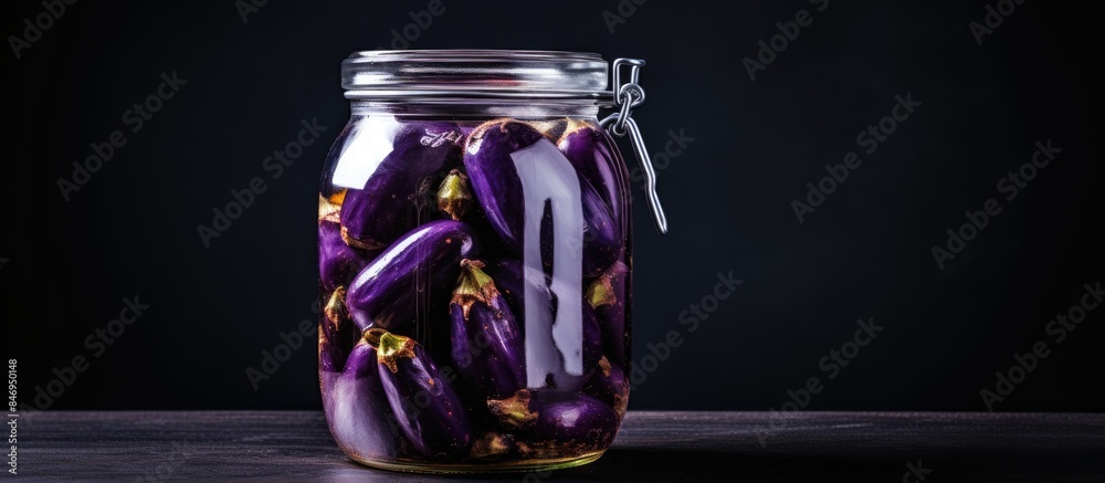Leinwandbilder glass jar filled with pickled eggplant placed on a table in a close-up view. with copy space image. 