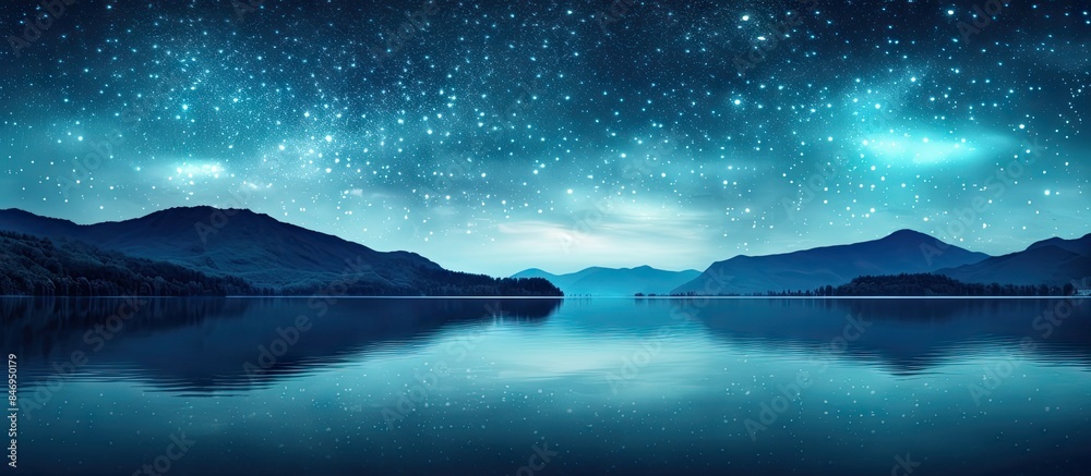 Poster Serene lake reflecting stars and the Milky Way under a sky of blue tones with towering mountains in the background. with copy space image. Place for adding text or design