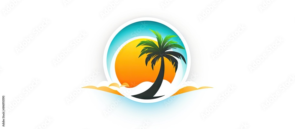 Aufkleber Palm tree sways against a backdrop of a colorful sunset on the beach with gentle waves rolling in. with copy space image. Place for adding text or design
