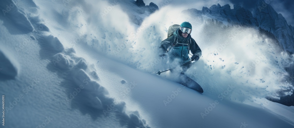 Aufkleber Man in green ski jacket swiftly skiing down a steep snow-covered mountain slope. with copy space image. Place for adding text or design