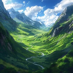 Lush green valley with winding river and mountains