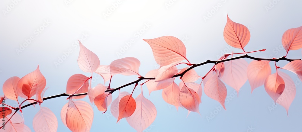Poster Close-up view of a single branch covered in delicate pink leaves set against a vibrant blue sky. with copy space image. Place for adding text or design