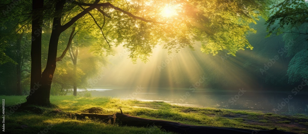 Aufkleber Morning sunlight illuminates the forest through the branches of a tree. with copy space image. Place for adding text or design