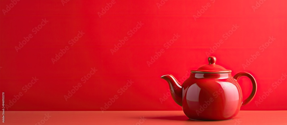 Aufkleber Teapot placed on a table in front of a vibrant red wall. with copy space image. Place for adding text or design