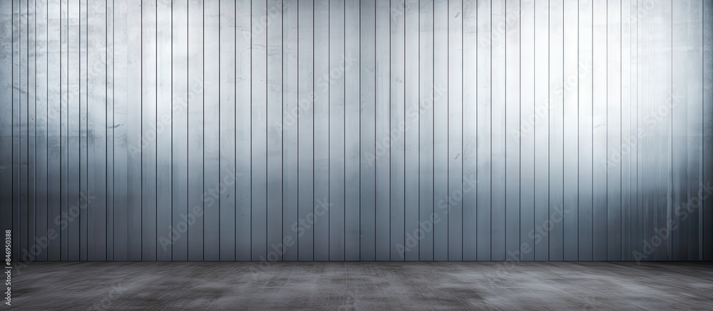 Poster interior shot featuring a metal sheet wall inside a space with a wooden floor. with copy space image