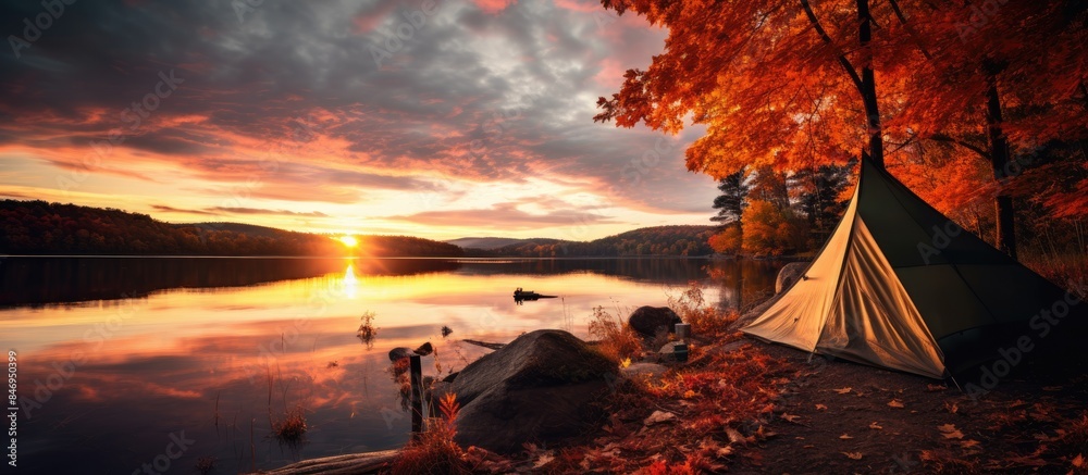 Poster tent pitched on the lakeshore under a colorful autumn sky, capturing the beauty of fall foliage at s