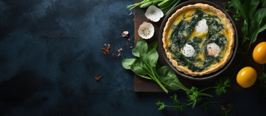 Delicious Pasqualina tart savory pie with spinach, eggs, and ricotta cheese, isolated on a dark studio background in a flat lay overhead shot. with copy space image. Place for adding text or design