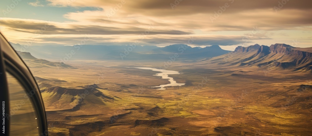 Poster A scenic aerial view capturing a river and valley landscape from the perspective of a plane. with copy space image. Place for adding text or design