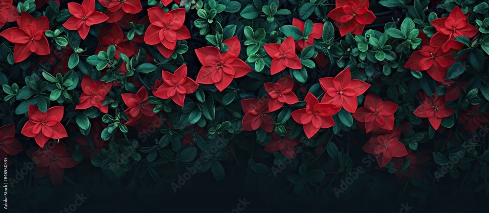 Poster Cluster of vibrant red flowers surrounded by lush green leaves, captured in a tight frame. with copy space image. Place for adding text or design