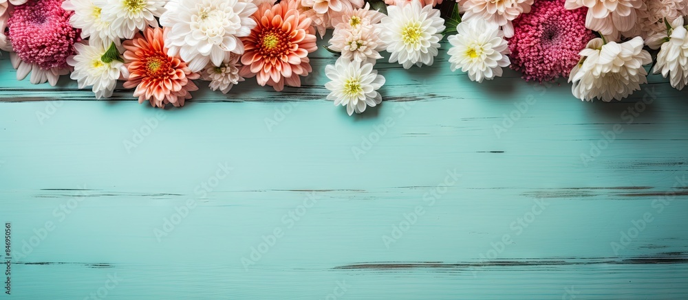 Poster Vibrant flowers arranged beautifully on a blue wooden surface, providing room for text alongside. with copy space image. Place for adding text or design