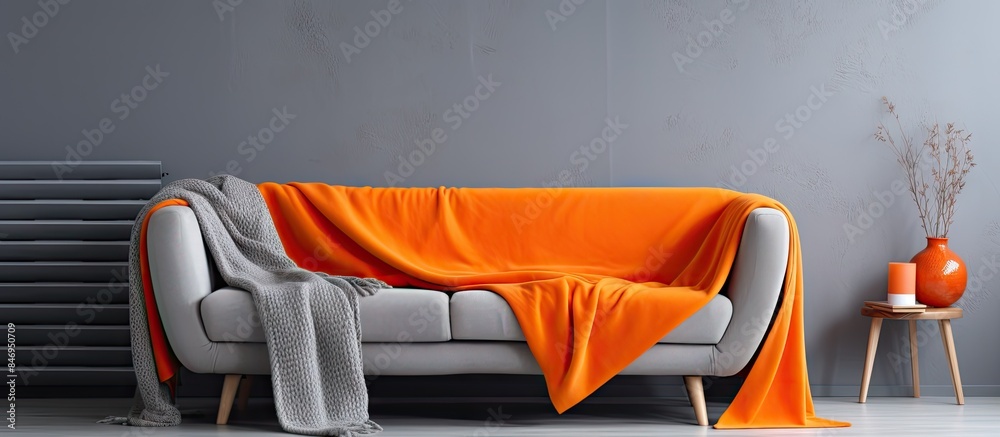 Aufkleber grey scandinavian sofa with orange blanket in a living room with a grey wall. with copy space image.