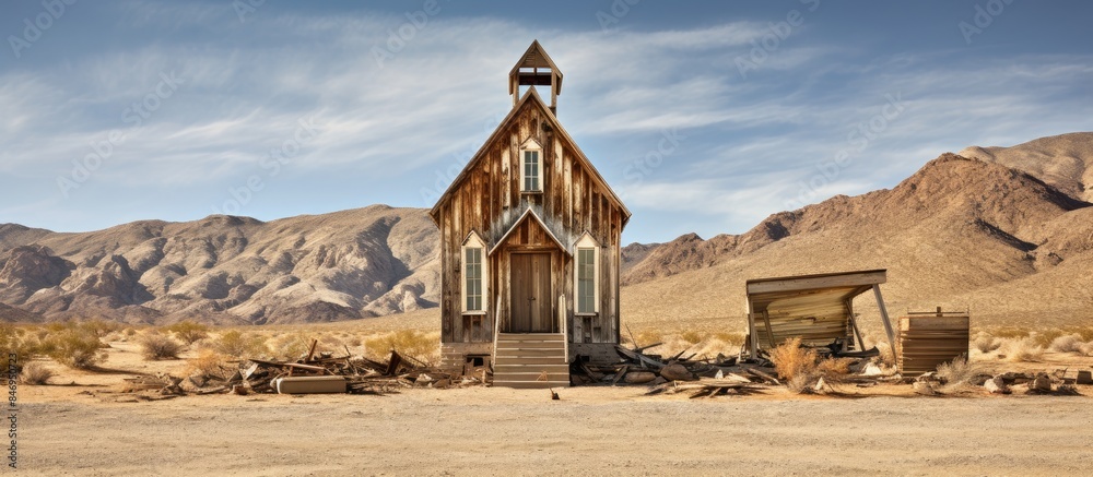 Poster Old rustic church set in a barren desert with a backdrop of arid land and clear skies. with copy space image. Place for adding text or design