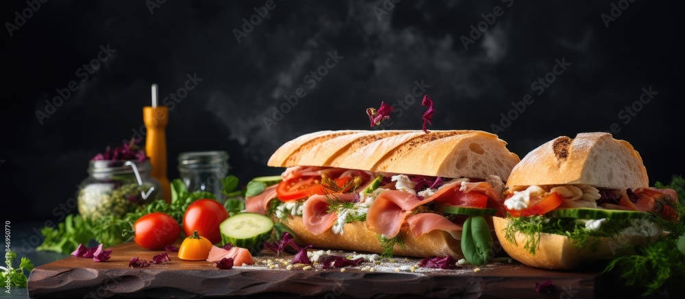 Aufkleber Sandwiches, veggies, and a beverage on a board, alongside tasty sauce in a close-up shot. with copy space image. Place for adding text or design