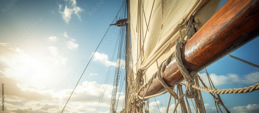 Aufkleber Sailboat showcasing rigging details and sails on the calming water surface. with copy space image. Place for adding text or design