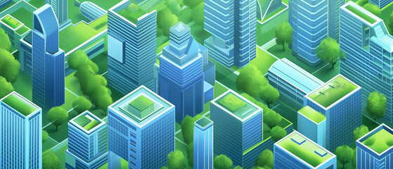 Fototapeta premium A Sustainable Urban Environment with Green Buildings and Parks, Isometric Illustration