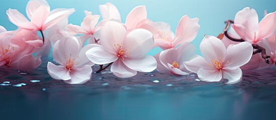 Pink flowers on a branch submerged in water with a vibrant blue background. with copy space image. Place for adding text or design