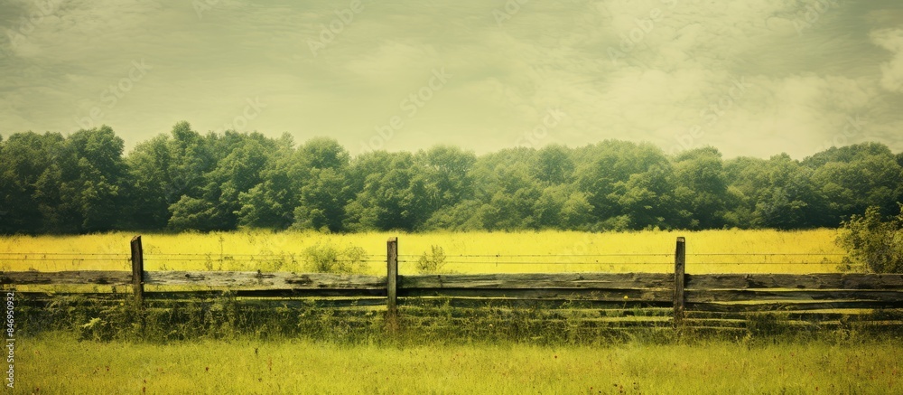 Fototapete rustic wooden fence bordering a wide expanse of grassy meadow under the sunny sky. with copy space i