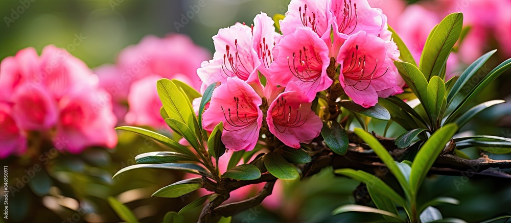 Poster numerous pink flowers in full bloom adorning the garden with their vibrant hues and delicate petals.