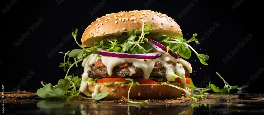 Poster Close-up picture showing a hamburger topped with fresh lettuce, tomato, and melted cheese. with copy space image. Place for adding text or design
