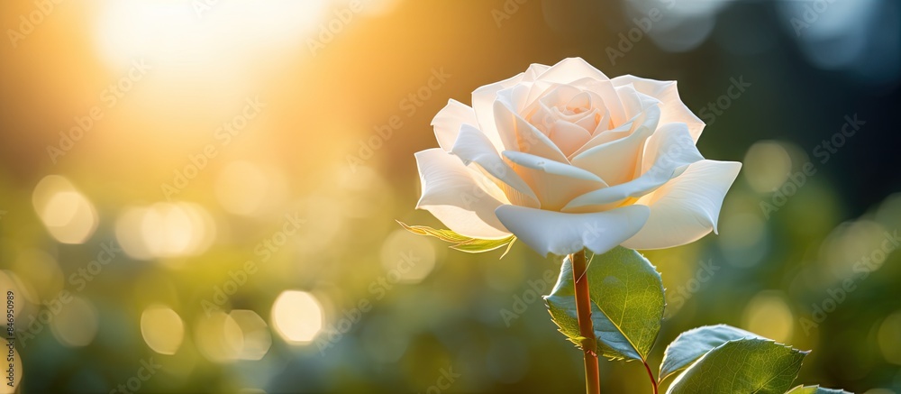 Poster solitary white rose standing out in a field as sunlight filters through. with copy space image. plac