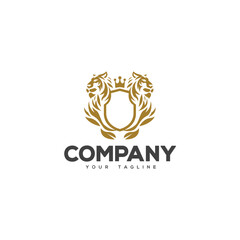 Creative logo design depicting two tigers next to a shield. 