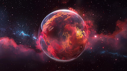 Obraz premium 3D Spectacular cosmic cloud explosion within transparent sphere with black background. Nebula and stars in space concept with purple neon. Abstract wallpaper and creative design, AI Generative.