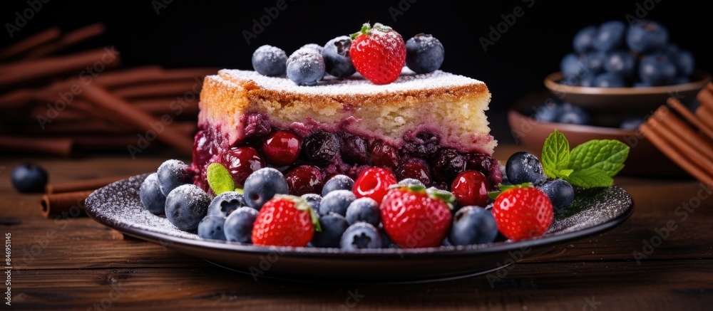 Leinwandbilder a detailed view of a slice of homemade blueberry cake adorned with fresh berries placed on a dessert