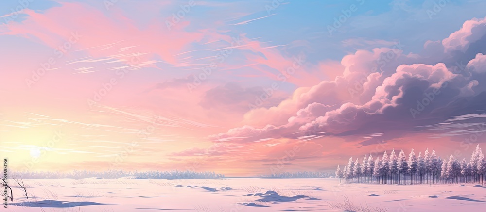 Aufkleber Snow-covered scenery with a solitary tree in the foreground under a pink sunset sky in winter. with copy space image. Place for adding text or design
