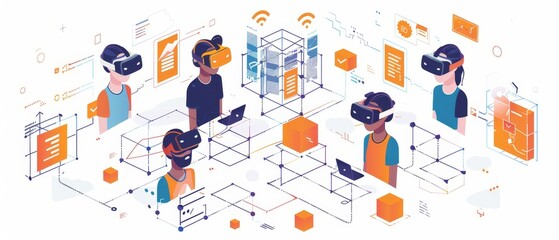 Fototapeta premium Group of people using virtual reality headsets connected through a digital network, showcasing futuristic and immersive technology concepts.