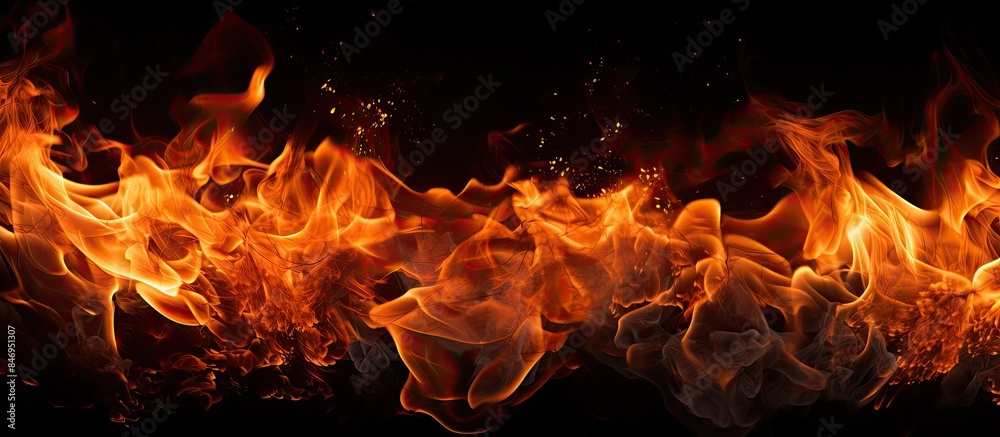 Poster Flames of a fire burning vividly in contrast to a dark backdrop, showcasing the intense heat and energy. with copy space image. Place for adding text or design