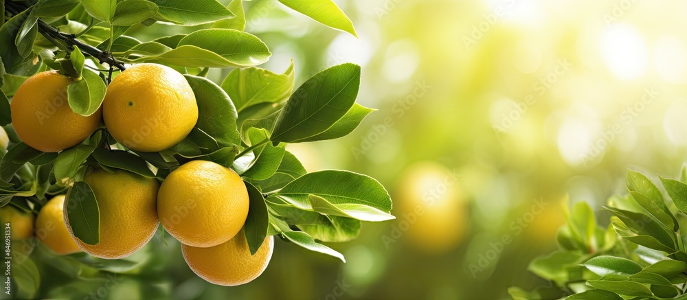 Fototapete Cluster of ripe oranges hanging from citrus tree branches captured in a close-up shot. with copy space image. Place for adding text or design