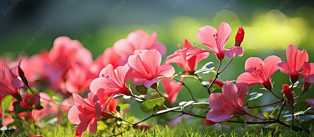 Poster abundant pink flowers flourish in vibrant green grass, creating a striking natural scene. with copy 